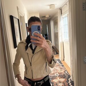 EVER Buttery Lambskin Leather Cropped Moto Jacket Cream Ivory S